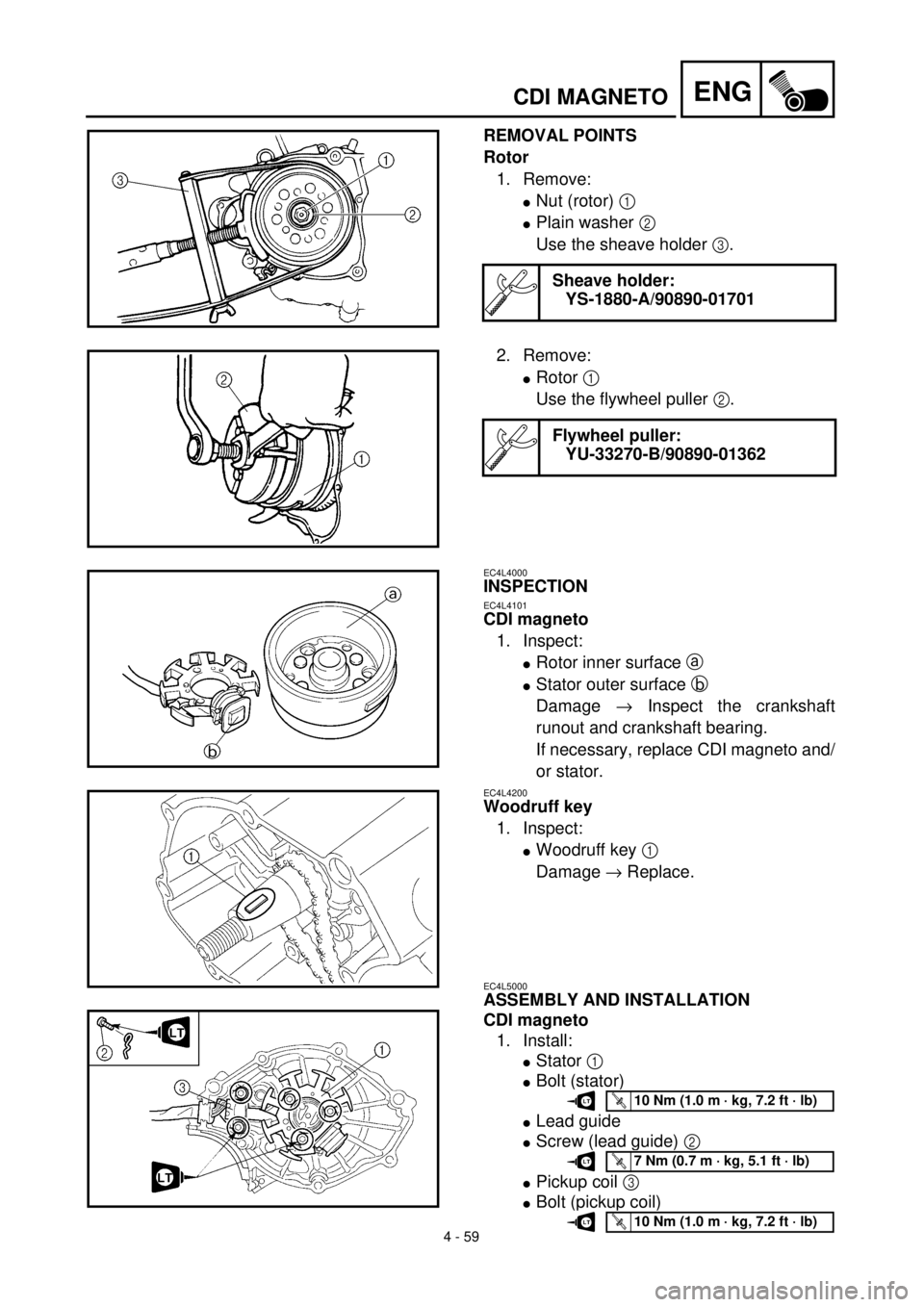 YAMAHA TTR125 2002  Owners Manual 4 - 59
ENGCDI MAGNETO
REMOVAL POINTS
Rotor
1. Remove:
lNut (rotor) 1 
lPlain washer 2 
Use the sheave holder 3.
Sheave holder:
YS-1880-A/90890-01701
2. Remove:
lRotor 1 
Use the flywheel puller 2.
Fly