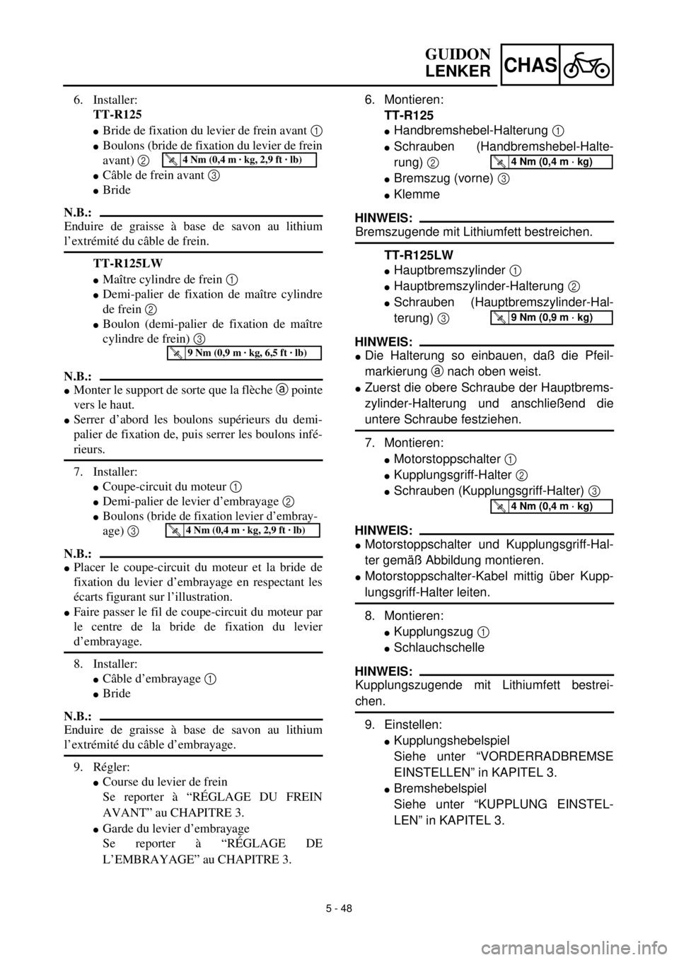YAMAHA TTR125 2002  Notices Demploi (in French) 5 - 48
CHAS
6. Montieren:
TT-R125
lHandbremshebel-Halterung 1 
lSchrauben (Handbremshebel-Halte-
rung) 2 
lBremszug (vorne) 3 
lKlemme
HINWEIS:
Bremszugende mit Lithiumfett bestreichen.
TT-R125LW
lHau