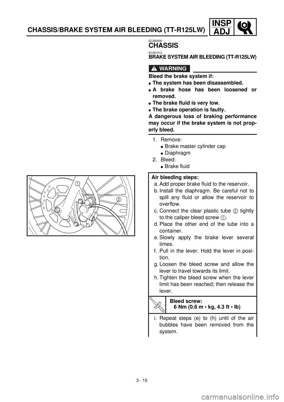 YAMAHA TTR125 2001  Notices Demploi (in French) 3 - 15
INSP
ADJ
EC360000
CHASSIS
EC361012
BRAKE SYSTEM AIR BLEEDING (TT-R125LW)
WARNING
Bleed the brake system if:
lThe system has been disassembled.
lA brake hose has been loosened or
removed.
lThe b