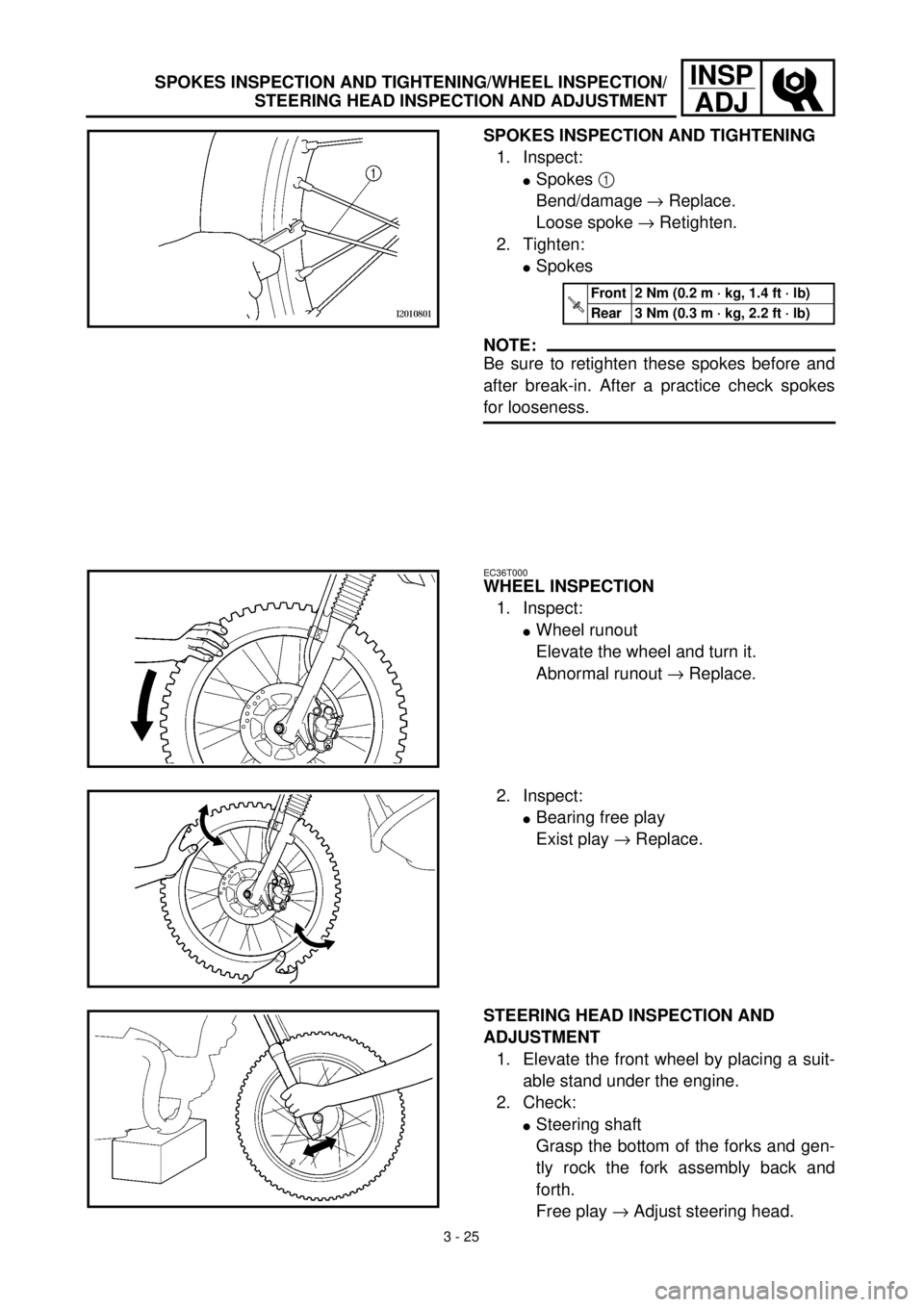 YAMAHA TTR125 2001 Owners Manual 3 - 25
INSP
ADJSPOKES INSPECTION AND TIGHTENING/WHEEL INSPECTION/
STEERING HEAD INSPECTION AND ADJUSTMENT
SPOKES INSPECTION AND TIGHTENING
1. Inspect:
lSpokes 1
Bend/damage ® Replace.
Loose spoke ® YAMAHA TTR125 2001 Owners Manual 3 - 25
INSP
ADJSPOKES INSPECTION AND TIGHTENING/WHEEL INSPECTION/
STEERING HEAD INSPECTION AND ADJUSTMENT
SPOKES INSPECTION AND TIGHTENING
1. Inspect:
lSpokes 1
Bend/damage ® Replace.
Loose spoke ®