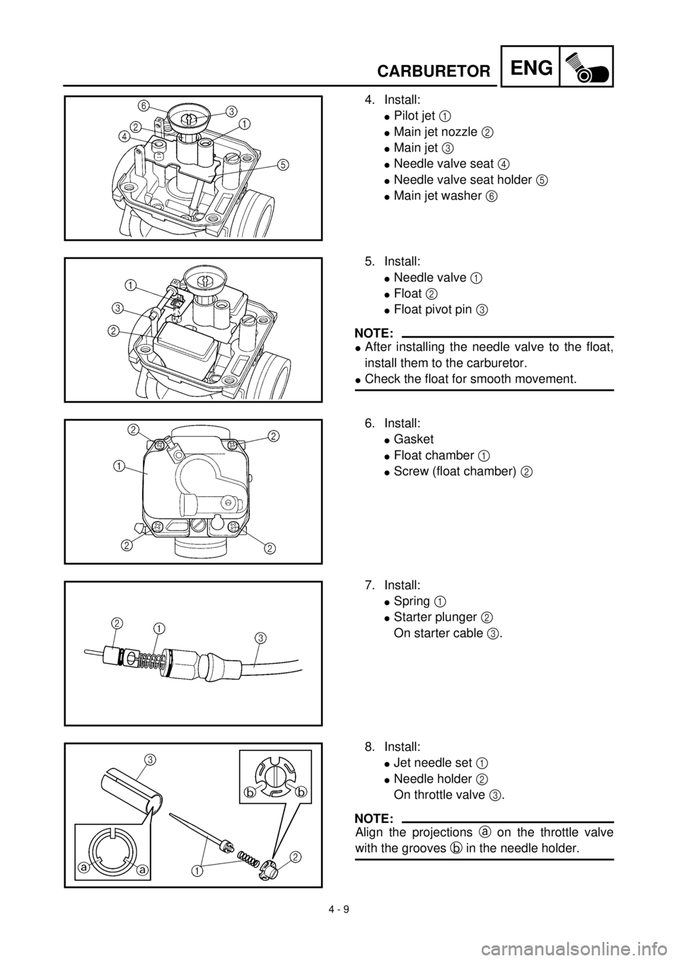 YAMAHA TTR125 2001 Owners Manual 4 - 9
ENG
4. Install:
lPilot jet 1
lMain jet nozzle 2
lMain jet 3
lNeedle valve seat 4
lNeedle valve seat holder 5
lMain jet washer 6
5. Install:
lNeedle valve 1
lFloat 2
lFloat pivot pin 3
N YAMAHA TTR125 2001 Owners Manual 4 - 9
ENG
4. Install:
lPilot jet 1
lMain jet nozzle 2
lMain jet 3
lNeedle valve seat 4
lNeedle valve seat holder 5
lMain jet washer 6
5. Install:
lNeedle valve 1
lFloat 2
lFloat pivot pin 3
N