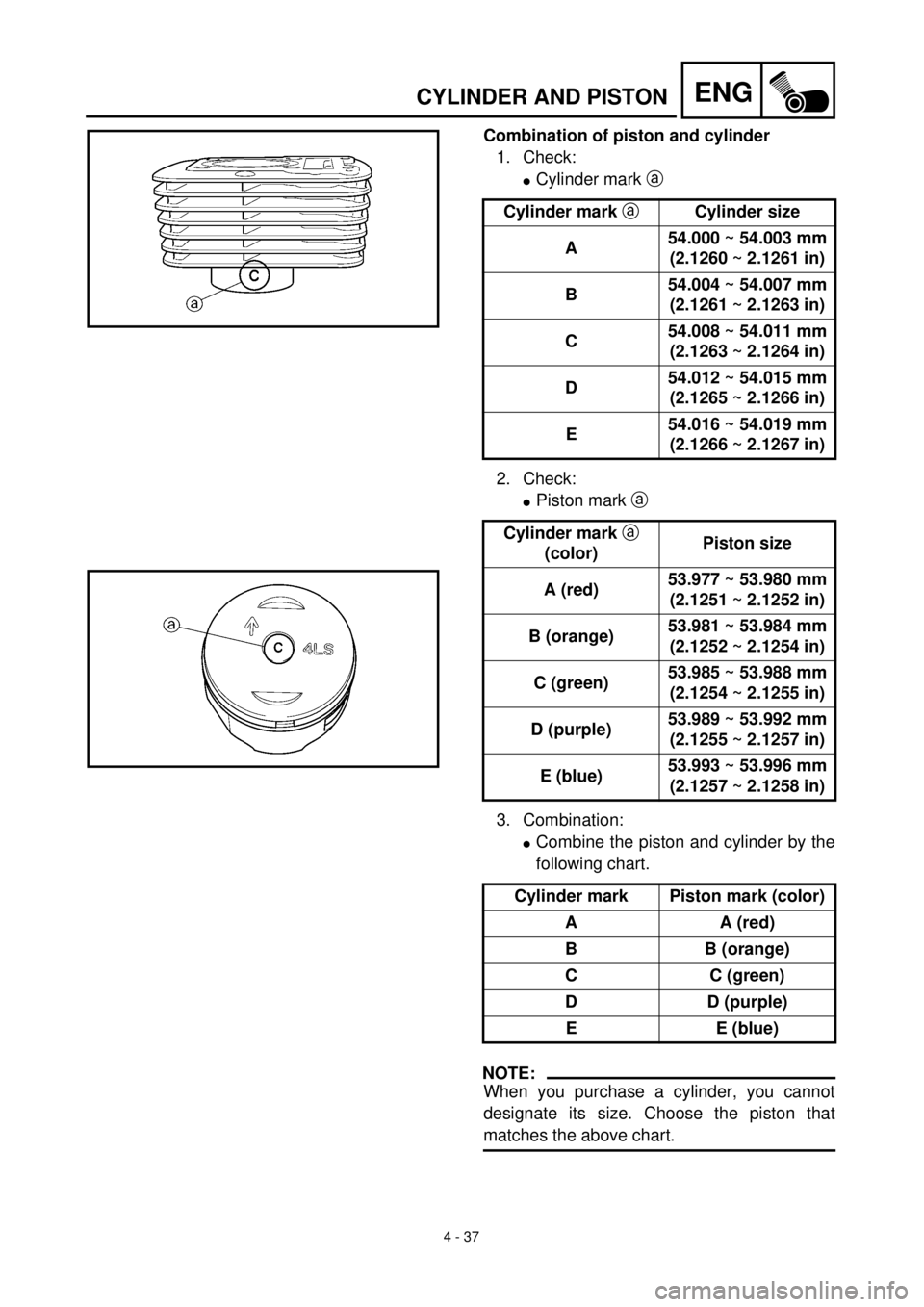 YAMAHA TTR125 2001 Owners Manual
4 - 37
ENG
CYLINDER AND PISTON
Combination of piston and cylinder
1. Check:
l
Cylinder mark
a
2. Check:
l
Piston mark
a
3. Combination:
lCombine the piston and cylinder by the
follow YAMAHA TTR125 2001 Owners Manual
4 - 37
ENG
CYLINDER AND PISTON
Combination of piston and cylinder
1. Check:
l
Cylinder mark
a
2. Check:
l
Piston mark
a
3. Combination:
lCombine the piston and cylinder by the
follow
