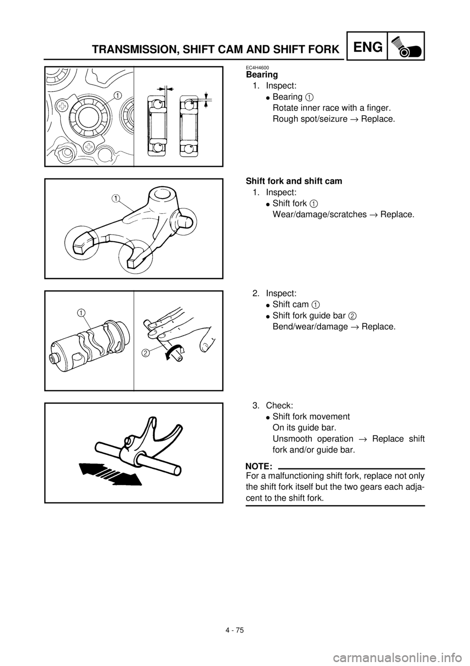 YAMAHA TTR125 2001 Owners Manual
4 - 75
ENG
TRANSMISSION, SHIFT CAM AND SHIFT FORK
EC4H4600
Bearing
1. Inspect:
lBearing 1
Rotate inner race with a finger.
Rough spot/seizure ® Replace.
Shift fork and shift cam
1. Inspect:
l YAMAHA TTR125 2001 Owners Manual
4 - 75
ENG
TRANSMISSION, SHIFT CAM AND SHIFT FORK
EC4H4600
Bearing
1. Inspect:
lBearing 1
Rotate inner race with a finger.
Rough spot/seizure ® Replace.
Shift fork and shift cam
1. Inspect:
l