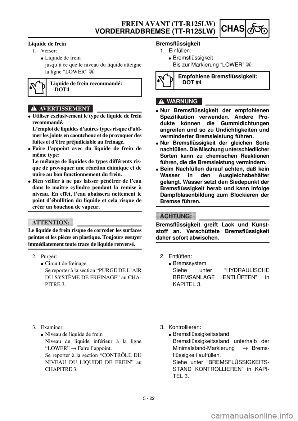 YAMAHA TTR125 2001 Owners Manual
5 - 22
CHAS
Bremsflüssigkeit
1. Einfüllen:
l
Bremsflüssigkeit
Bis zur Markierung “LOWER”
a
.
WARNUNG
l
Nur Bremsflüssigkeit der empfohlenen
Spezifikation verwenden. Andere Pro- YAMAHA TTR125 2001 Owners Manual
5 - 22
CHAS
Bremsflüssigkeit
1. Einfüllen:
l
Bremsflüssigkeit
Bis zur Markierung “LOWER”
a
.
WARNUNG
l
Nur Bremsflüssigkeit der empfohlenen
Spezifikation verwenden. Andere Pro-