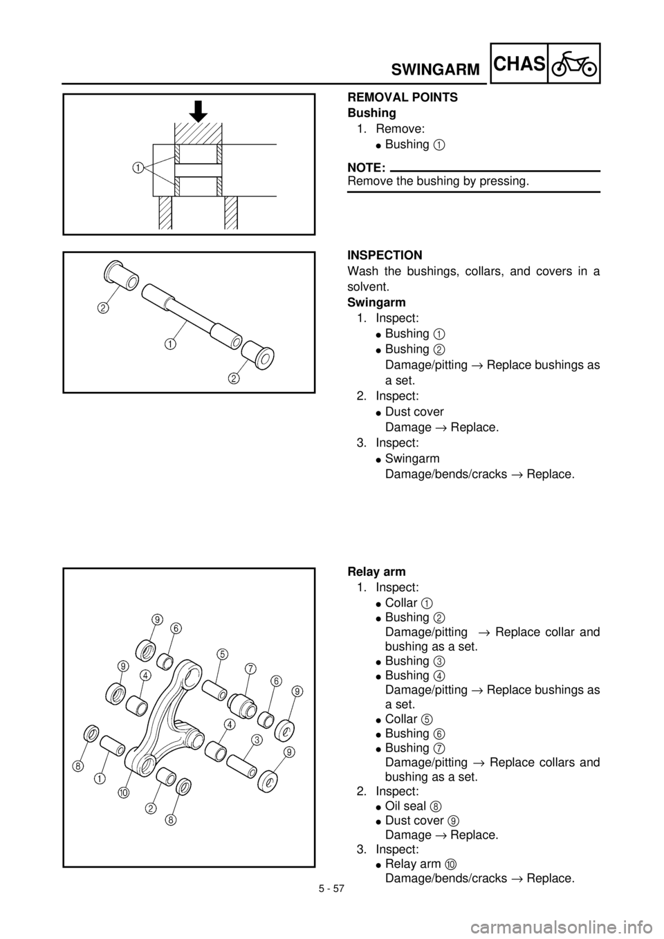YAMAHA TTR125 2001 Owners Manual 5 - 57
CHASSWINGARM
REMOVAL POINTS
Bushing
1. Remove:
lBushing 1
NOTE:
Remove the bushing by pressing.
INSPECTION
Wash the bushings, collars, and covers in a
solvent.
Swingarm
1. Inspect:
lBushing 1 YAMAHA TTR125 2001 Owners Manual 5 - 57
CHASSWINGARM
REMOVAL POINTS
Bushing
1. Remove:
lBushing 1
NOTE:
Remove the bushing by pressing.
INSPECTION
Wash the bushings, collars, and covers in a
solvent.
Swingarm
1. Inspect:
lBushing 1