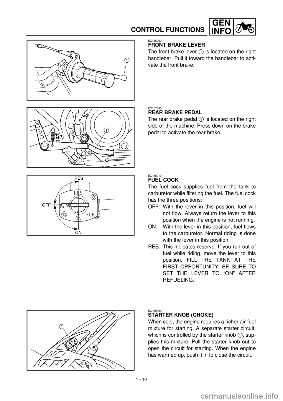 YAMAHA TTR125 2001 Service Manual 1 - 10
GEN
INFO
CONTROL FUNCTIONS
EC156000
FRONT BRAKE LEVER
The front brake lever 1 is located on the right
handlebar. Pull it toward the handlebar to acti-
vate the front brake.
EC157000
REAR BRAKE YAMAHA TTR125 2001 Service Manual 1 - 10
GEN
INFO
CONTROL FUNCTIONS
EC156000
FRONT BRAKE LEVER
The front brake lever 1 is located on the right
handlebar. Pull it toward the handlebar to acti-
vate the front brake.
EC157000
REAR BRAKE