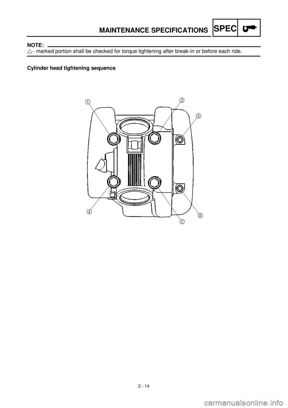 YAMAHA TTR125 2001  Owners Manual SPEC
2 - 14
MAINTENANCE SPECIFICATIONS
NOTE:
- marked portion shall be checked for torque tightening after break-in or before each ride.
Cylinder head tightening sequence 