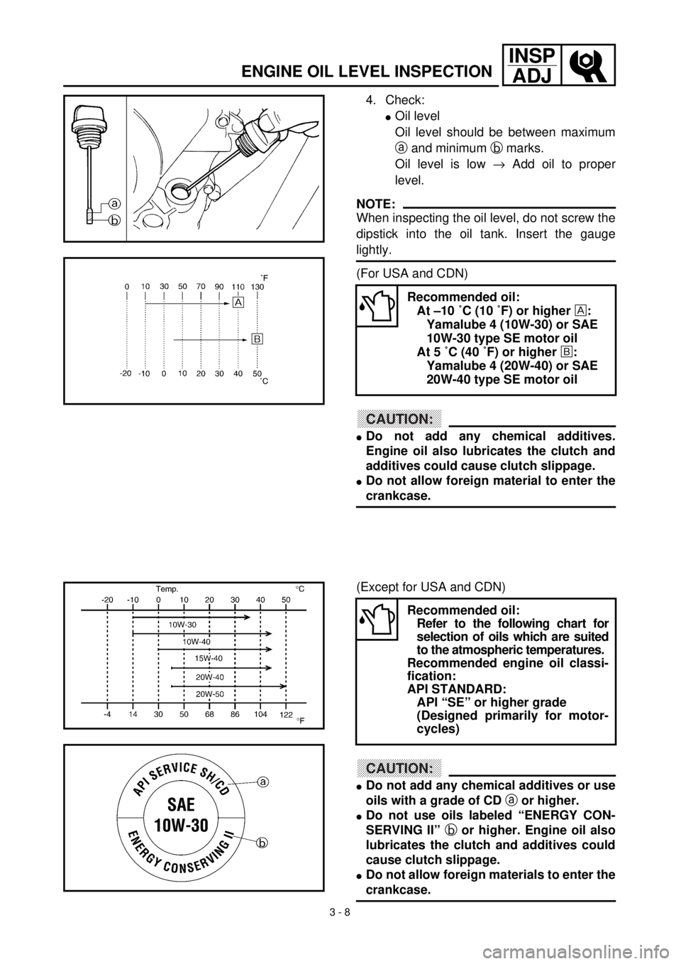 YAMAHA TTR125 2000  Notices Demploi (in French) 3 - 8
INSP
ADJ
ENGINE OIL LEVEL INSPECTION
4. Check:
lOil level
Oil level should be between maximum
a and minimum b marks.
Oil level is low ® Add oil to proper
level.
NOTE:
When inspecting the oil le