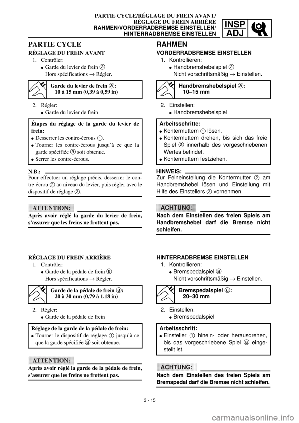 YAMAHA TTR125 2000 Notices Demploi (in French) INSP
ADJ
PARTIE CYCLE/RÉGLAGE DU FREIN AVANT/
RÉGLAGE DU FREIN ARRIÈRE
RAHMEN/VORDERRADBREMSE EINSTELLEN/
HINTERRADBREMSE EINSTELLEN
RAHMEN
VORDERRADBREMSE EINSTELLEN
1. Kontrollieren:
lHandbremshe YAMAHA TTR125 2000 Notices Demploi (in French) INSP
ADJ
PARTIE CYCLE/RÉGLAGE DU FREIN AVANT/
RÉGLAGE DU FREIN ARRIÈRE
RAHMEN/VORDERRADBREMSE EINSTELLEN/
HINTERRADBREMSE EINSTELLEN
RAHMEN
VORDERRADBREMSE EINSTELLEN
1. Kontrollieren:
lHandbremshe