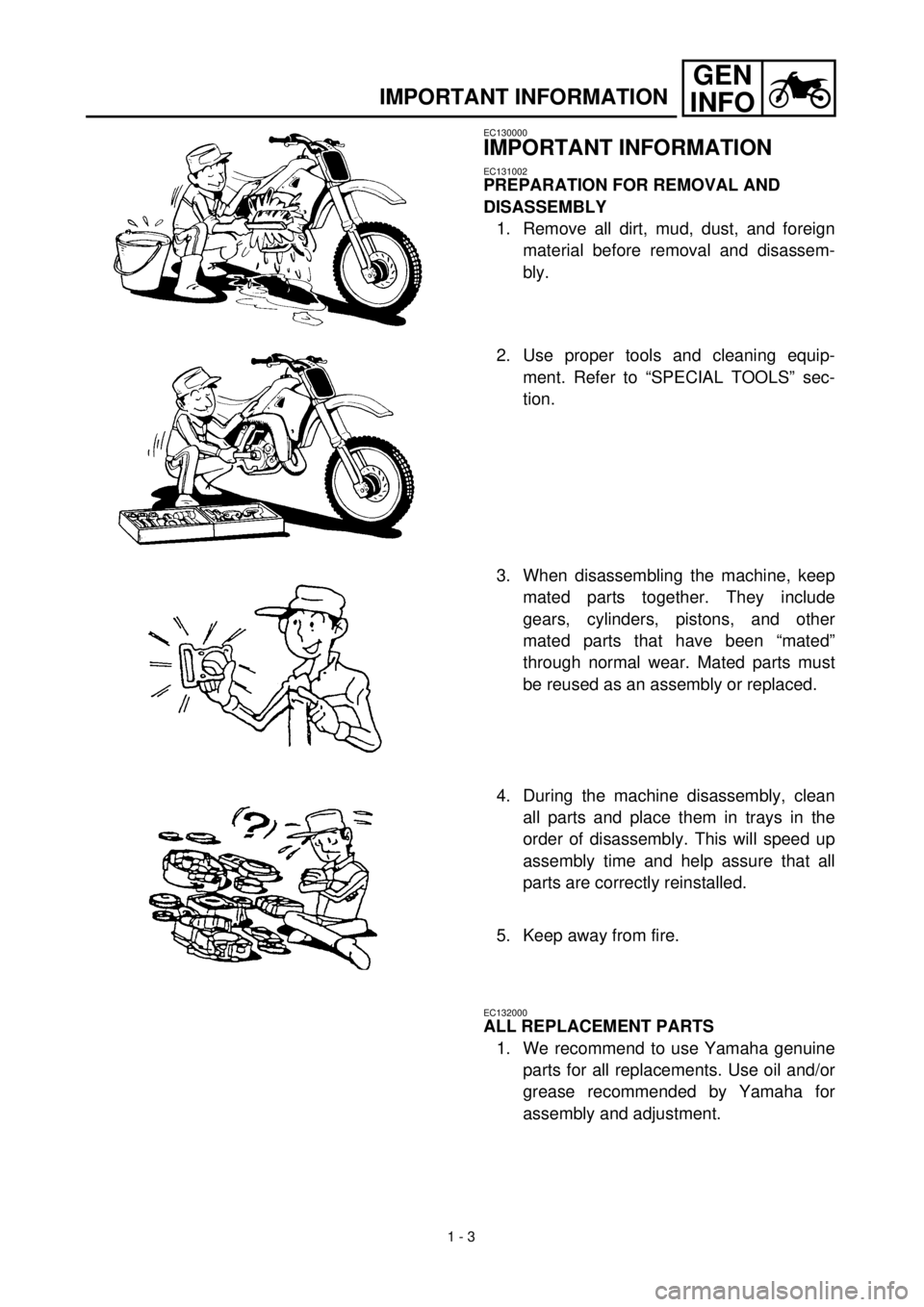 YAMAHA TTR125 2000 Notices Demploi (in French)
1 - 3
GEN
INFO
IMPORTANT INFORMATION
EC130000
IMPORTANT INFORMATION
EC131002
PREPARATION FOR REMOVAL AND
DISASSEMBLY
1. Remove all dirt, mud, dust, and foreign
material before removal and di YAMAHA TTR125 2000 Notices Demploi (in French)
1 - 3
GEN
INFO
IMPORTANT INFORMATION
EC130000
IMPORTANT INFORMATION
EC131002
PREPARATION FOR REMOVAL AND
DISASSEMBLY
1. Remove all dirt, mud, dust, and foreign
material before removal and di