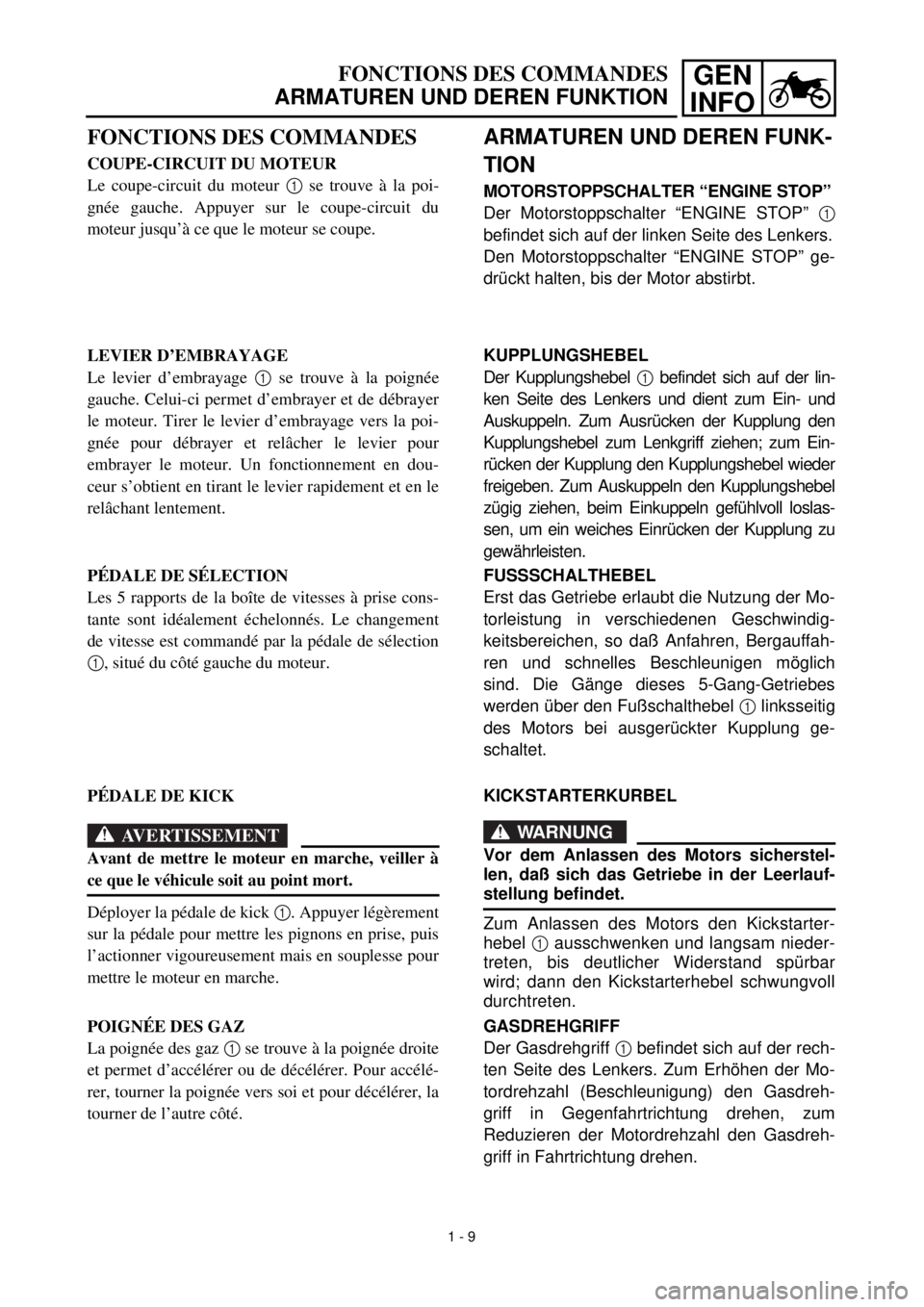 YAMAHA TTR125 2000  Notices Demploi (in French) GEN
INFOFONCTIONS DES COMMANDES
ARMATUREN UND DEREN FUNKTION
ARMATUREN UND DEREN FUNK-
TION
MOTORSTOPPSCHALTER “ENGINE STOP”
Der Motorstoppschalter “ENGINE STOP” 1
befindet sich auf der linken
