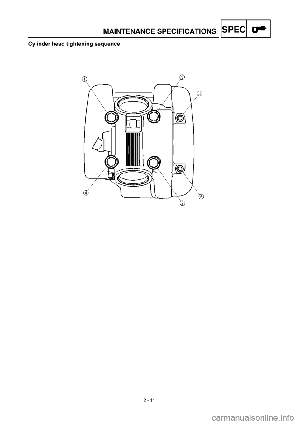 YAMAHA TTR125 2000 Notices Demploi (in French) SPEC
2 - 11
MAINTENANCE SPECIFICATIONS
Cylinder head tightening sequence YAMAHA TTR125 2000 Notices Demploi (in French) SPEC
2 - 11
MAINTENANCE SPECIFICATIONS
Cylinder head tightening sequence