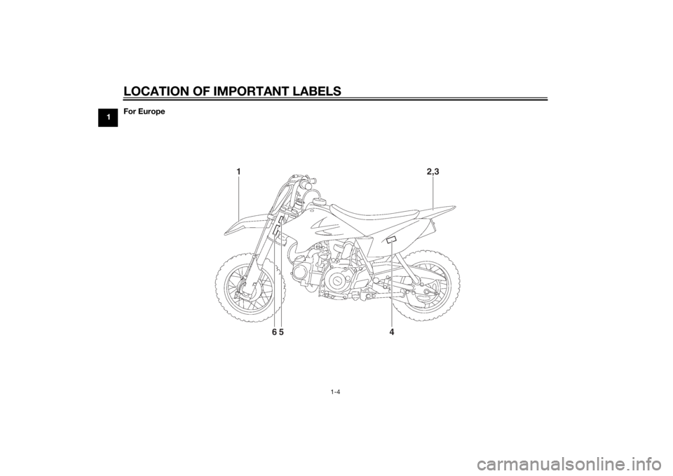 YAMAHA TTR50 2015 User Guide LOCATION OF IMPORTANT LABELS
1-4
1For Europe
1
2,3
65
4
U2CJ82E0.book  Page 4  Monday, June 23, 2014  2:58 PM 