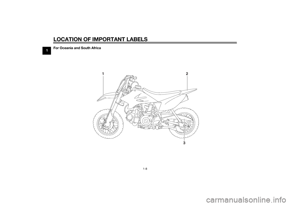 YAMAHA TTR50 2015 User Guide LOCATION OF IMPORTANT LABELS
1-8
1For Oceania an
d South Africa
1
2
3
U2CJ82E0.book  Page 8  Monday, June 23, 2014  2:58 PM 