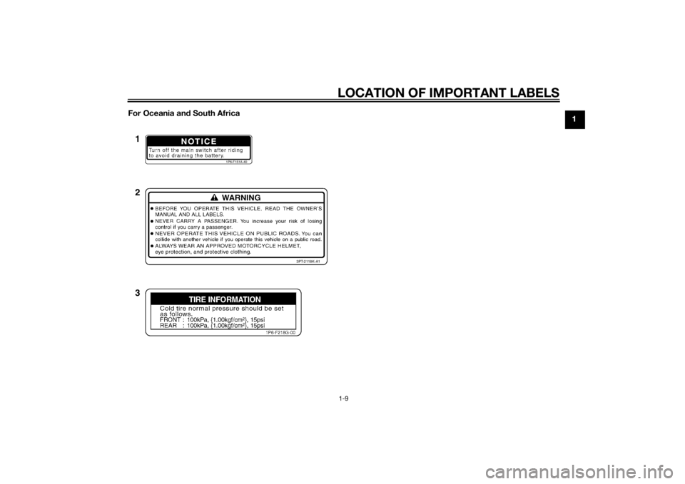 YAMAHA TTR50 2015 User Guide LOCATION OF IMPORTANT LABELS1-9
1
For Oceania an
d South Africa
NOTICE
1P6-F151A-40
3PT-2118K-A1
1
2
3
U2CJ82E0.book  Page 9  Monday, June 23, 2014  2:58 PM 