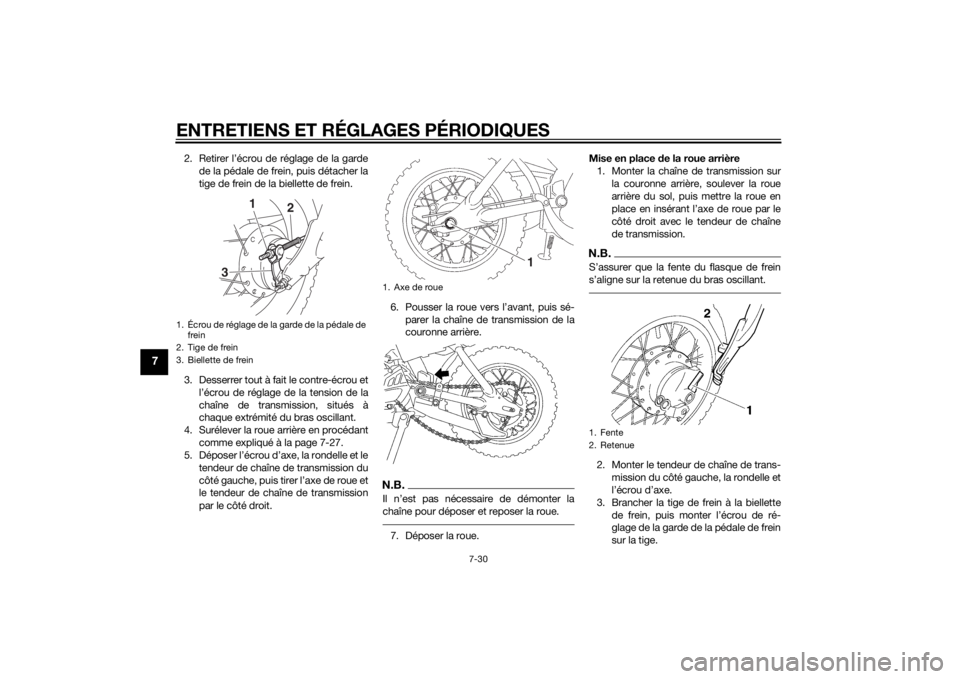 YAMAHA TTR50 2015  Notices Demploi (in French) ENTRETIENS ET RÉGLAGES PÉRIODIQUES
7-30
7
2. Retirer l’écrou de réglage de la gardede la pédale de frein, puis détacher la
tige de frein de la biellette de frein.
3. Desserrer tout à fait le 