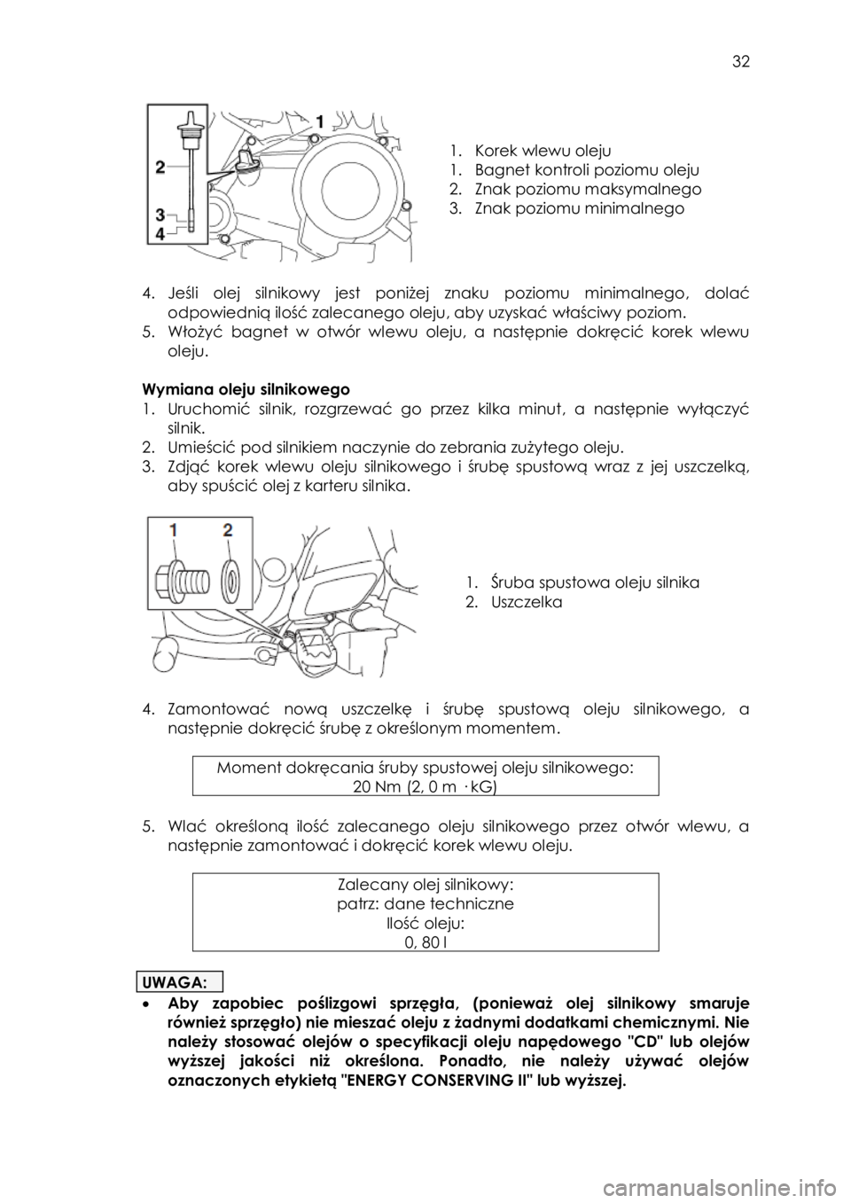 YAMAHA TTR50 2015 Instrukcja obsługi (in Polish)
32
1. Korek wlewu oleju
1. Bagnet kontroli poziomu oleju
2. Znak poziomu maksymalnego
3. Znak poziomu minimalnego
4. Jeśli olej silnikowy jest poniżej znaku poziomu mini YAMAHA TTR50 2015 Instrukcja obsługi (in Polish)
32
1. Korek wlewu oleju
1. Bagnet kontroli poziomu oleju
2. Znak poziomu maksymalnego
3. Znak poziomu minimalnego
4. Jeśli olej silnikowy jest poniżej znaku poziomu mini