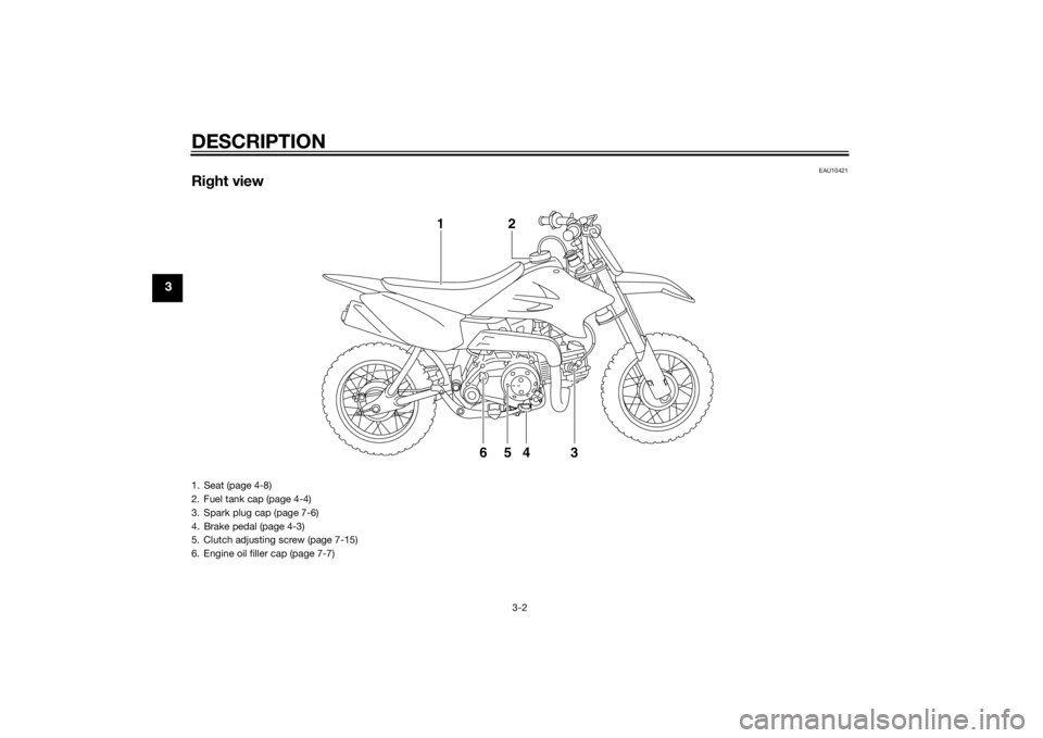 YAMAHA TTR50 2014  Owners Manual DESCRIPTION
3-2
3
EAU10421
Right view
4
65 3 2
1
1. Seat (page 4-8)
2. Fuel tank cap (page 4-4)
3. Spark plug cap (page 7-6)
4. Brake pedal (page 4-3)
5. Clutch adjusting screw (page 7-15)
6. Engine o