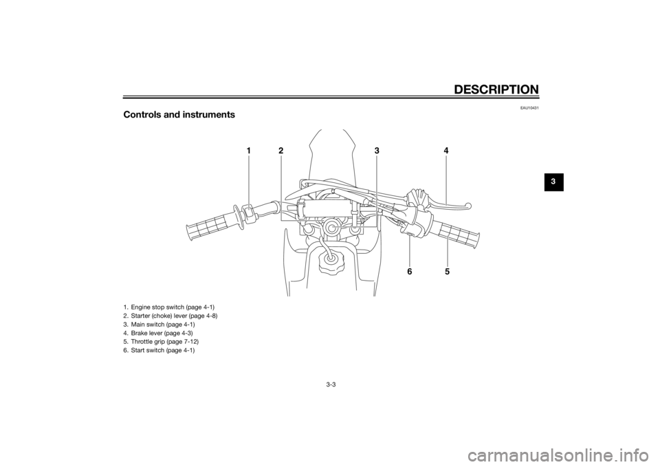 YAMAHA TTR50 2014  Owners Manual DESCRIPTION
3-3
3
EAU10431
Controls and instruments
14
5
2
6
3
1. Engine stop switch (page 4-1)
2. Starter (choke) lever (page 4-8)
3. Main switch (page 4-1)
4. Brake lever (page 4-3)
5. Throttle grip