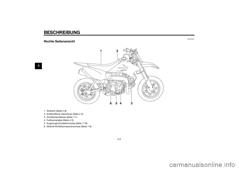 YAMAHA TTR50 2014 Betriebsanleitungen (in German) BESCHREIBUNG
3-2
3
GAU10421
Rechte Seitenansicht
4
65 3 2
1
1. Sitzbank (Seite 4-8)
2. Kraftstofftank-Verschluss (Seite 4-4)
3. Zündkerzenstecker (Seite 7-7)
4. Fußbremshebel (Seite 4-3)
5. Kupplun YAMAHA TTR50 2014 Betriebsanleitungen (in German) BESCHREIBUNG
3-2
3
GAU10421
Rechte Seitenansicht
4
65 3 2
1
1. Sitzbank (Seite 4-8)
2. Kraftstofftank-Verschluss (Seite 4-4)
3. Zündkerzenstecker (Seite 7-7)
4. Fußbremshebel (Seite 4-3)
5. Kupplun