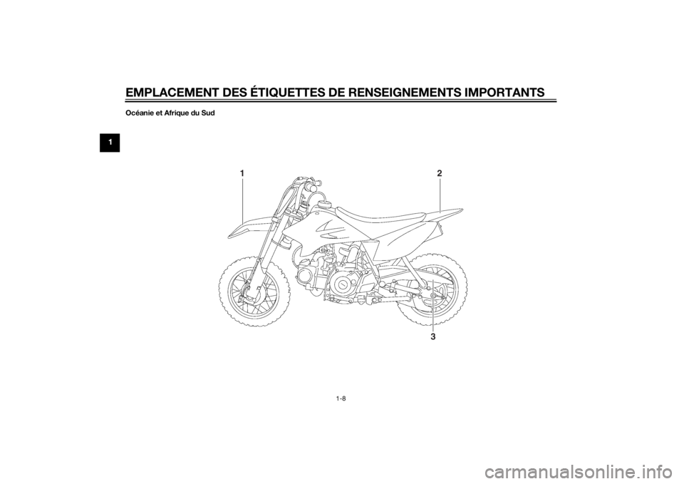 YAMAHA TTR50 2014  Notices Demploi (in French) EMPLACEMENT DES ÉTIQUETTES DE RENSEIGNEMENTS IMPORTANTS
1-8
1
Océanie et Afrique du Su d
1
2
3
U2CJ81F0.book  Page 8  Wednesday, July 10, 2013  3:53 PM 