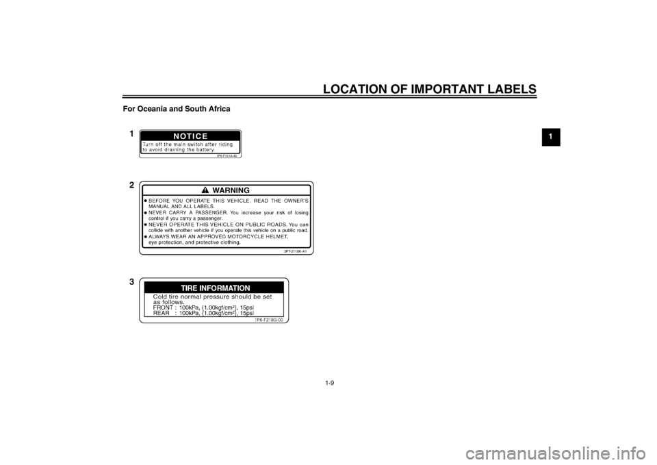 YAMAHA TTR50 2013 User Guide LOCATION OF IMPORTANT LABELS1-9
1
For Oceania and South Africa
NOTICE
1P6-F151A-40
3PT-2118K-A1
1
2
3
U2CJ80E0.book  Page 9  Tuesday, June 12, 2012  11:15 AM 