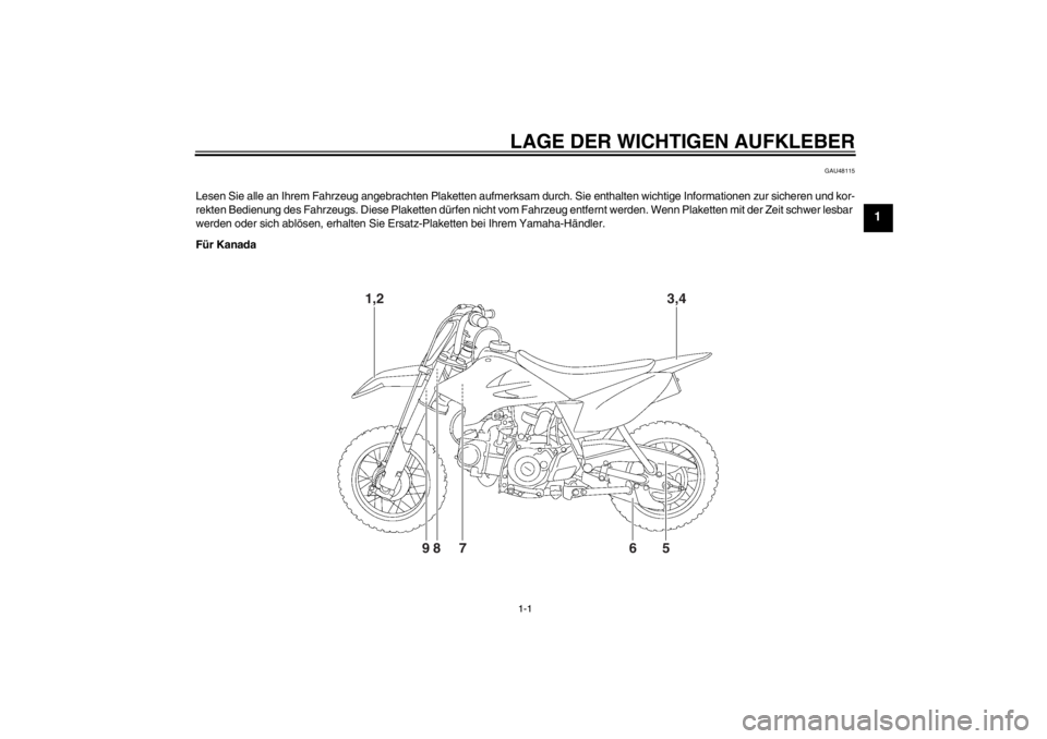 YAMAHA TTR50 2013  Betriebsanleitungen (in German) LAGE DER WICHTIGEN AUFKLEBER1-1
1
GAU48115
Lesen Sie alle an Ihrem Fahrzeug angebrachten Plaketten aufmerksam durch. Sie enthalten wichtige Informationen zur sicheren und kor-
rekten Bedienung des Fah