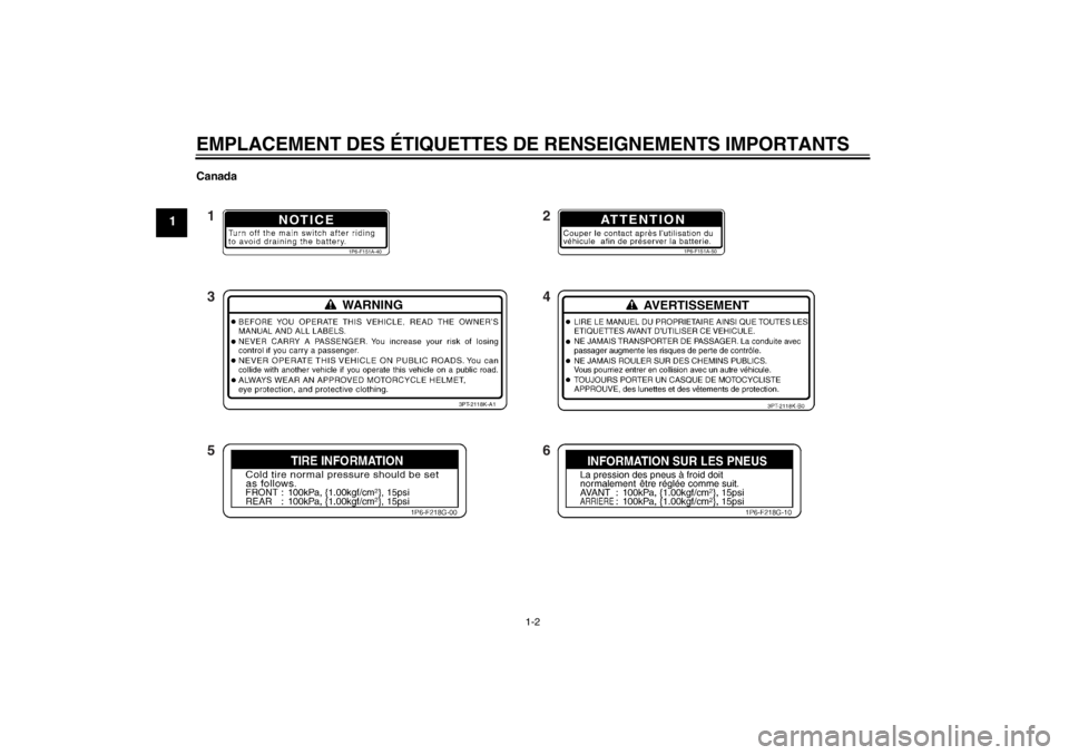 YAMAHA TTR50 2013  Notices Demploi (in French) EMPLACEMENT DES ÉTIQUETTES DE RENSEIGNEMENTS IMPORTANTS
1-2
1
Canada
NOTICE
1P6-F151A-40
ATTENTION
1P6-F151A-50
3PT-2118K-A1
12
34
56
U2CJ80F0.book  Page 2  Wednesday, June 13, 2012  10:25 AM 