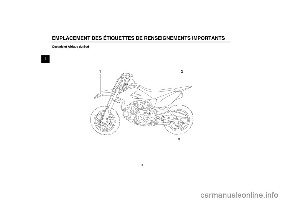 YAMAHA TTR50 2013  Notices Demploi (in French) EMPLACEMENT DES ÉTIQUETTES DE RENSEIGNEMENTS IMPORTANTS
1-8
1
Océanie et Afrique du Sud
1
2
3
U2CJ80F0.book  Page 8  Wednesday, June 13, 2012  10:25 AM 