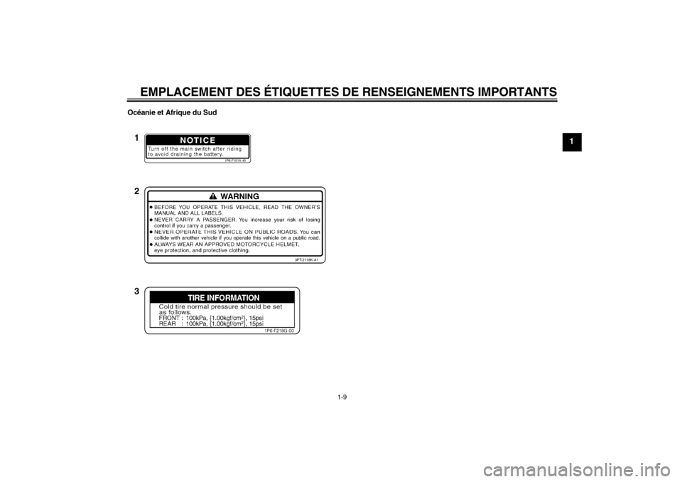 YAMAHA TTR50 2013  Notices Demploi (in French) EMPLACEMENT DES ÉTIQUETTES DE RENSEIGNEMENTS IMPORTANTS
1-9
1
Océanie et Afrique du Sud
NOTICE
1P6-F151A-40
3PT-2118K-A1
1
2
3
U2CJ80F0.book  Page 9  Wednesday, June 13, 2012  10:25 AM 