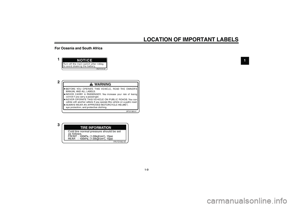 YAMAHA TTR50 2012 User Guide LOCATION OF IMPORTANT LABELS1-9
1 For Oceania and South Africa
NOTICE
1P6-F151A-40
3PT-2118K-A1
1
2
3
U1P686E0.book  Page 9  Thursday, April 14, 2011  1:20 PM 