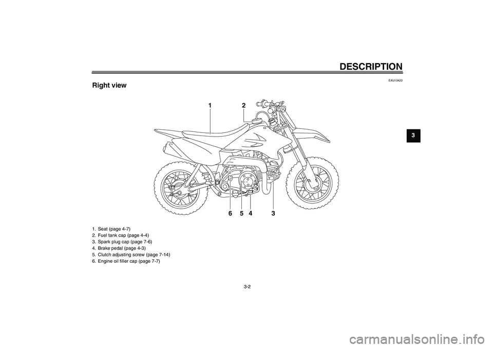YAMAHA TTR50 2012 Owners Manual DESCRIPTION
3-2
3
EAU10420
Right view
4 65 32 1
1. Seat (page 4-7)
2. Fuel tank cap (page 4-4)
3. Spark plug cap (page 7-6)
4. Brake pedal (page 4-3)
5. Clutch adjusting screw (page 7-14)
6. Engine oi