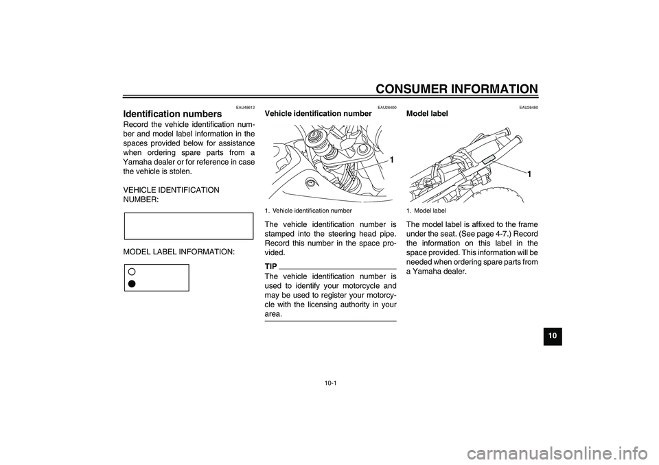 YAMAHA TTR50 2012 Manual PDF CONSUMER INFORMATION
10-1
10
EAU48612
Identification numbers Record the vehicle identification num-
ber and model label information in the
spaces provided below for assistance
when ordering spare part