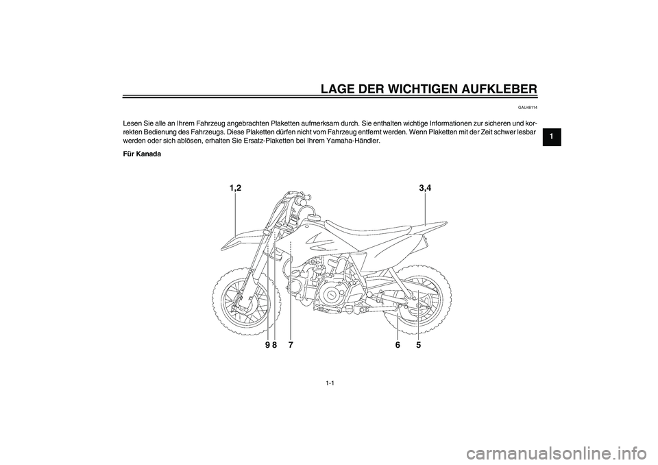 YAMAHA TTR50 2012  Betriebsanleitungen (in German) LAGE DER WICHTIGEN AUFKLEBER1-1
1
GAU48114
Lesen Sie alle an Ihrem Fahrzeug angebrachten Plaketten aufmerksam durch. Sie enthalten wichtige Informationen zur sicheren und kor-
rekten Bedienung des Fah