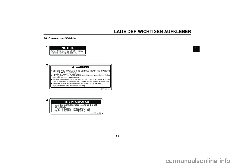 YAMAHA TTR50 2012  Betriebsanleitungen (in German) LAGE DER WICHTIGEN AUFKLEBER1-9
1
Für Ozeanien und Südafrika
NOTICE
1P6-F151A-40
3PT-2118K-A1
1
2
3
U1P686G0.book  Page 9  Thursday, April 14, 2011  1:30 PM 