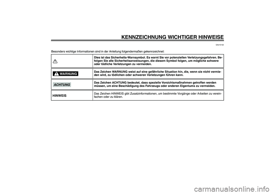 YAMAHA TTR50 2012 Betriebsanleitungen (in German) KENNZEICHNUNG WICHTIGER HINWEISE
GAU10132
Besonders wichtige Informationen sind in der Anleitung folgendermaßen gekennzeichnet:
Dies ist das Sicherheits-Warnsymbol. Es warnt Sie vor potenziellen Verl YAMAHA TTR50 2012 Betriebsanleitungen (in German) KENNZEICHNUNG WICHTIGER HINWEISE
GAU10132
Besonders wichtige Informationen sind in der Anleitung folgendermaßen gekennzeichnet:
Dies ist das Sicherheits-Warnsymbol. Es warnt Sie vor potenziellen Verl