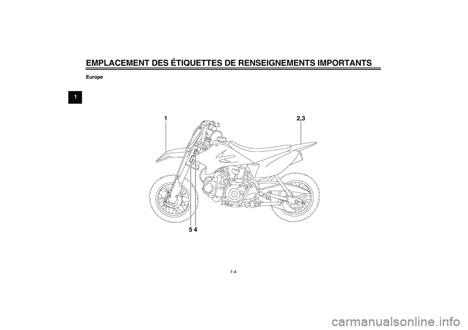 YAMAHA TTR50 2012  Notices Demploi (in French) EMPLACEMENT DES ÉTIQUETTES DE RENSEIGNEMENTS IMPORTANTS
1-4
1
Europe
1
2,3
54
U1P686F0.book  Page 4  Thursday, April 14, 2011  1:29 PM 