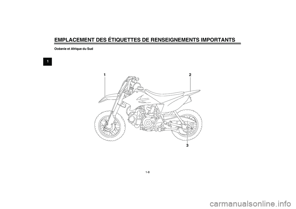 YAMAHA TTR50 2012  Notices Demploi (in French) EMPLACEMENT DES ÉTIQUETTES DE RENSEIGNEMENTS IMPORTANTS
1-8
1
Océanie et Afrique du Sud
1
2
3
U1P686F0.book  Page 8  Thursday, April 14, 2011  1:29 PM 