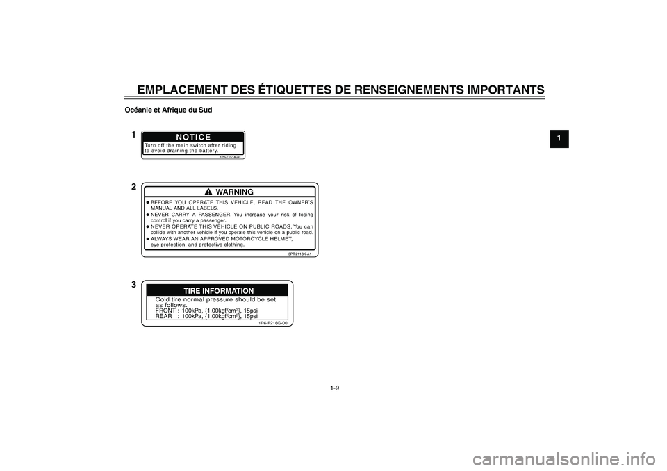 YAMAHA TTR50 2012  Notices Demploi (in French) EMPLACEMENT DES ÉTIQUETTES DE RENSEIGNEMENTS IMPORTANTS
1-9
1
Océanie et Afrique du Sud
NOTICE
1P6-F151A-40
3PT-2118K-A1
1
2
3
U1P686F0.book  Page 9  Thursday, April 14, 2011  1:29 PM 