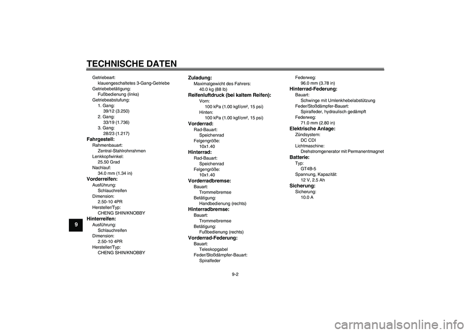YAMAHA TTR50 2011 Betriebsanleitungen (in German) TECHNISCHE DATEN
9-2
9
Getriebeart:
klauengeschaltetes 3-Gang-Getriebe
Getriebebetätigung:
Fußbedienung (links)
Getriebeabstufung:
1. Gang:
39/12 (3.250)
2. Gang:
33/19 (1.736)
3. Gang:
28/23 (1.217 YAMAHA TTR50 2011 Betriebsanleitungen (in German) TECHNISCHE DATEN
9-2
9
Getriebeart:
klauengeschaltetes 3-Gang-Getriebe
Getriebebetätigung:
Fußbedienung (links)
Getriebeabstufung:
1. Gang:
39/12 (3.250)
2. Gang:
33/19 (1.736)
3. Gang:
28/23 (1.217