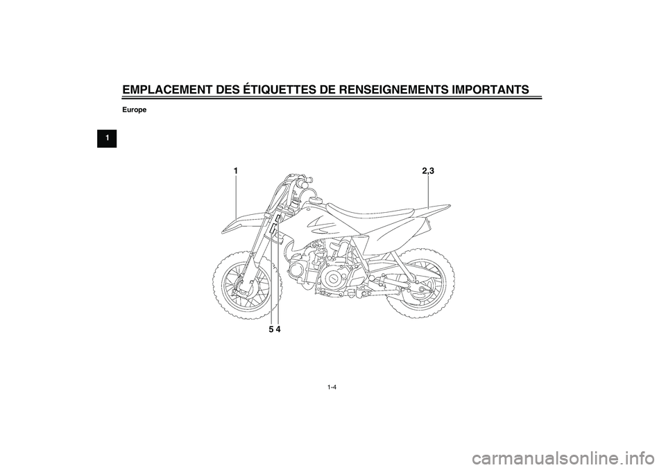 YAMAHA TTR50 2011  Notices Demploi (in French) EMPLACEMENT DES ÉTIQUETTES DE RENSEIGNEMENTS IMPORTANTS
1-4
1
Europe
1
2,3
54
U1P685F0.book  Page 4  Wednesday, April 21, 2010  3:03 PM 