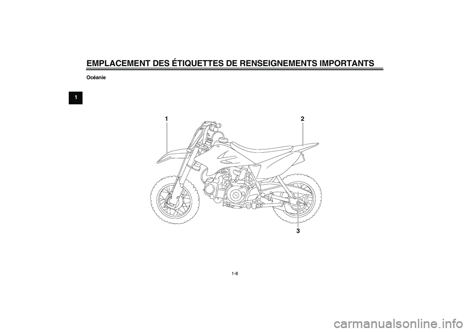 YAMAHA TTR50 2011  Notices Demploi (in French) EMPLACEMENT DES ÉTIQUETTES DE RENSEIGNEMENTS IMPORTANTS
1-8
1
Océanie
1
2
3
U1P685F0.book  Page 8  Wednesday, April 21, 2010  3:03 PM 