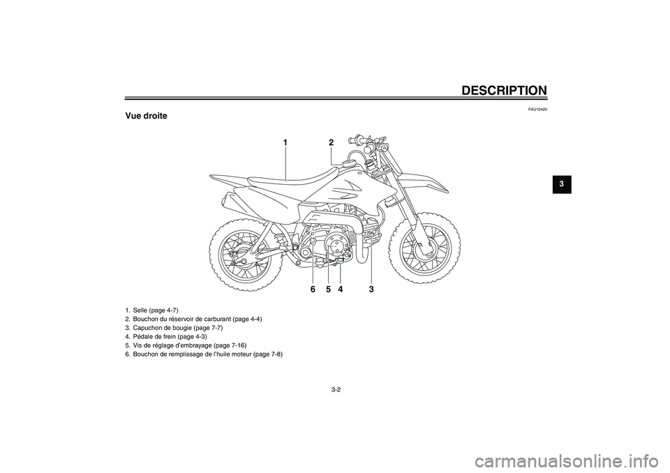 YAMAHA TTR50 2011  Notices Demploi (in French) DESCRIPTION
3-2
3
FAU10420
Vue droite
4 65 32 1
1. Selle (page 4-7)
2. Bouchon du réservoir de carburant (page 4-4)
3. Capuchon de bougie (page 7-7)
4. Pédale de frein (page 4-3)
5. Vis de réglage 