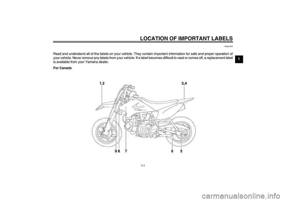 YAMAHA TTR50 2010 User Guide LOCATION OF IMPORTANT LABELS1-1
1
EAU41976
Read and understand all of the labels on your vehicle. They contain important information for safe and proper operation of
your vehicle. Never remove any lab