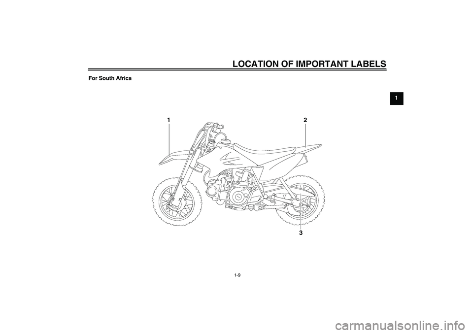 YAMAHA TTR50 2010 User Guide LOCATION OF IMPORTANT LABELS1-9
1 For South Africa
1
2
3
U1P684E0.book  Page 9  Tuesday, April 28, 2009  10:22 AM 