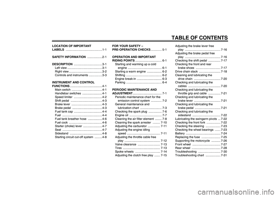 YAMAHA TTR50 2010  Owners Manual TABLE OF CONTENTS
LOCATION OF IMPORTANT 
LABELS ............................................1-1
SAFETY INFORMATION .................. 2-1
DESCRIPTION .................................. 3-1
Left view .
