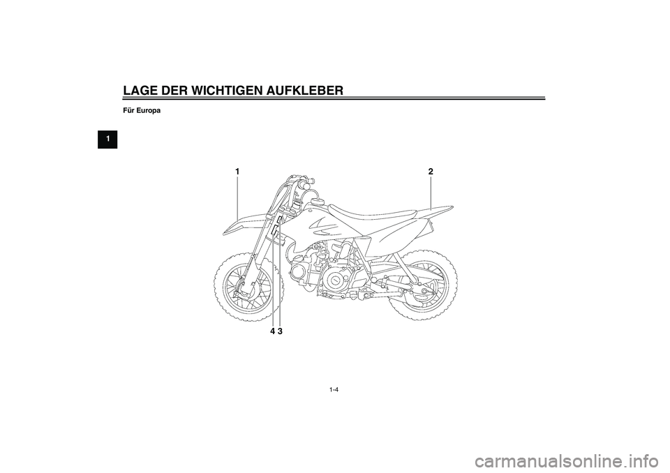 YAMAHA TTR50 2010  Betriebsanleitungen (in German) LAGE DER WICHTIGEN AUFKLEBER
1-4
1
Für Europa
1
2
43
U1P684G0.book  Page 4  Tuesday, April 28, 2009  10:24 AM 