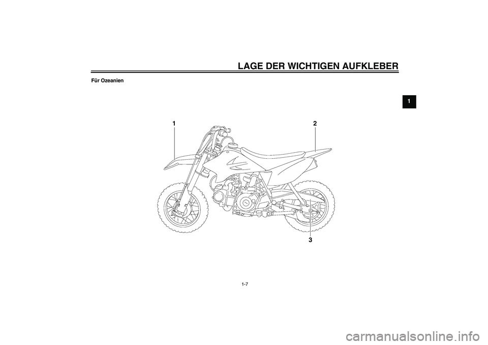 YAMAHA TTR50 2010  Betriebsanleitungen (in German) LAGE DER WICHTIGEN AUFKLEBER1-7
1
Für Ozeanien
1
2
3
U1P684G0.book  Page 7  Tuesday, April 28, 2009  10:24 AM 