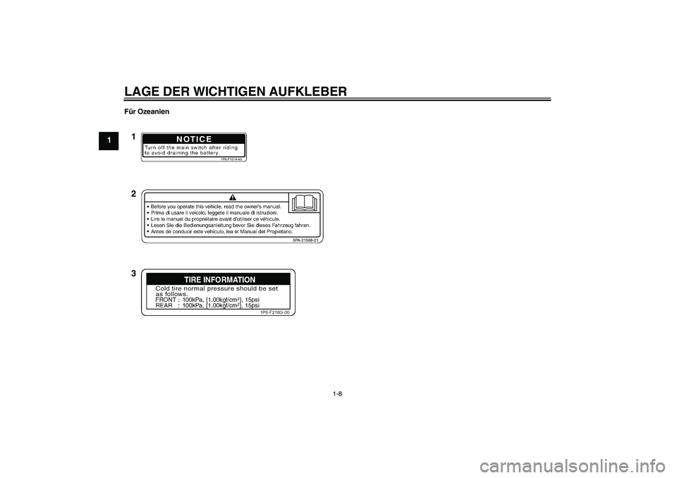 YAMAHA TTR50 2010  Betriebsanleitungen (in German) LAGE DER WICHTIGEN AUFKLEBER
1-8
1
Für Ozeanien
NOTICE
1P6-F151A-40
5PA-21568-01
1
2
3
U1P684G0.book  Page 8  Tuesday, April 28, 2009  10:24 AM 