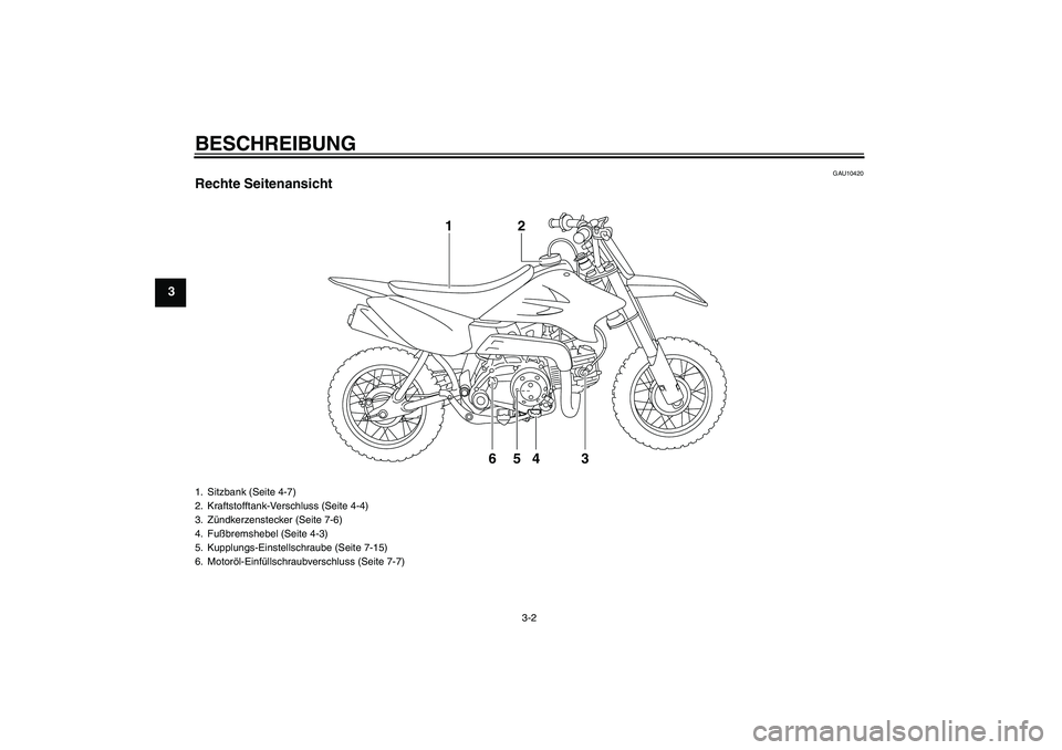 YAMAHA TTR50 2010  Betriebsanleitungen (in German) BESCHREIBUNG
3-2
3
GAU10420
Rechte Seitenansicht
4 65 32 1
1. Sitzbank (Seite 4-7)
2. Kraftstofftank-Verschluss (Seite 4-4)
3. Zündkerzenstecker (Seite 7-6)
4. Fußbremshebel (Seite 4-3)
5. Kupplungs